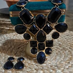 Black and Gold Goddess Statement Necklace and Earring Set
